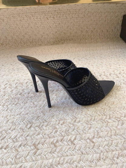 LA 16 HEELED MULES ATTACHED RHINESTONES IN BLACK MESH