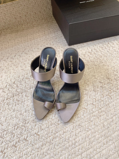 MARTHA POINTED OPEN-TOE HIGH MULES IN GRAY SILK