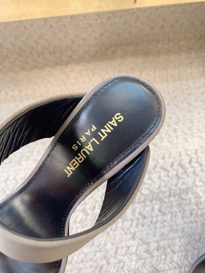 MARTHA POINTED OPEN-TOE HIGH MULES IN GRAY SILK