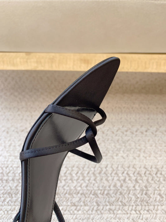 STRAPPY MID HEEL SANDALS IN BLACK SILK