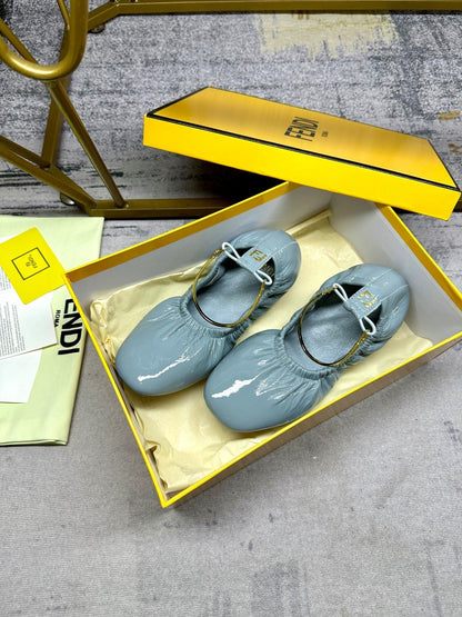 FENDI FILO BALLET IN SAPHIRE BLUE LAMBSKIN WITH GOLD HARDWARE