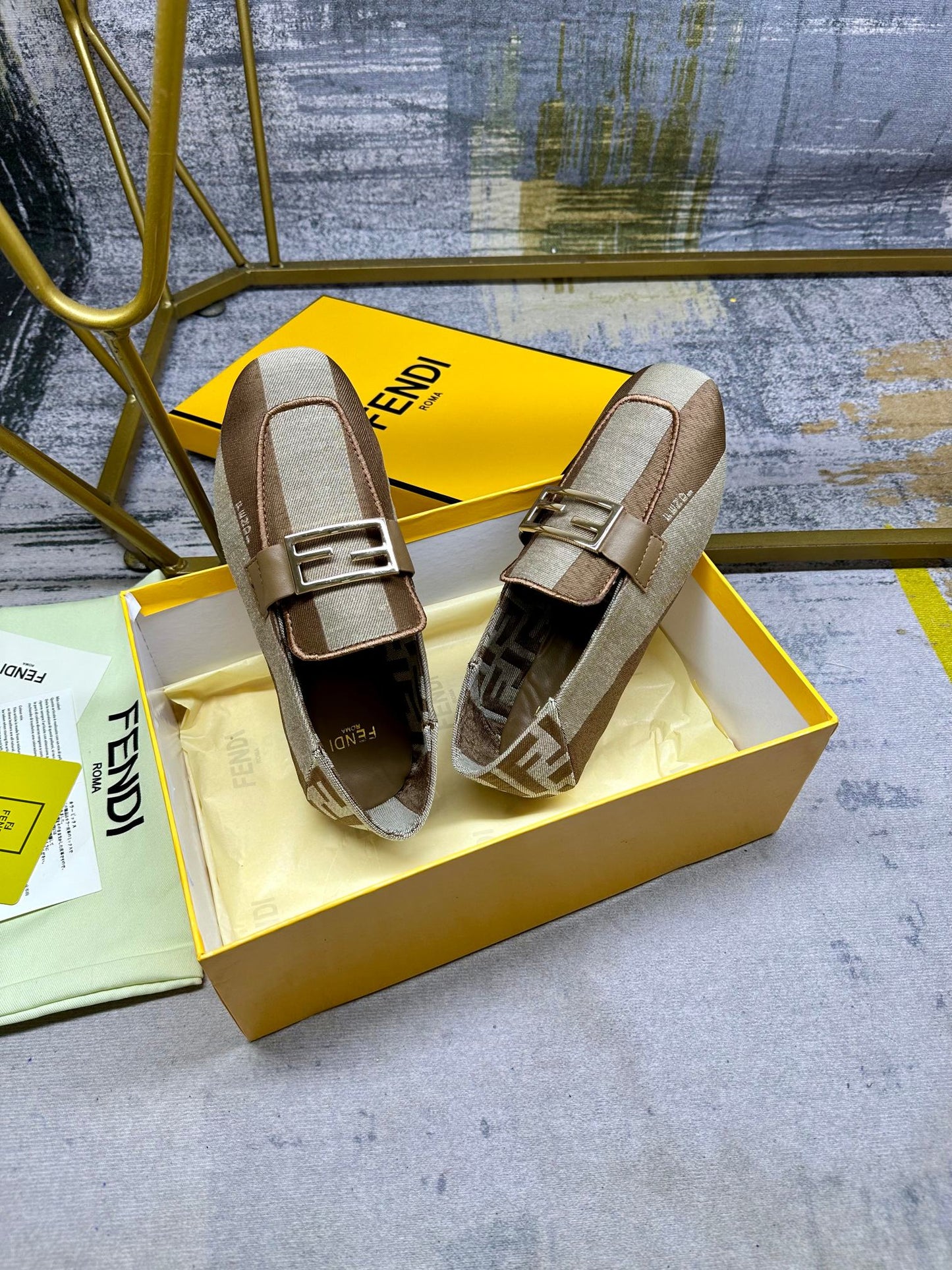 FENDI BAGUETTE LOAFERS IN BEIGE MIX BROWN CANVAS GOLD HARDWARE