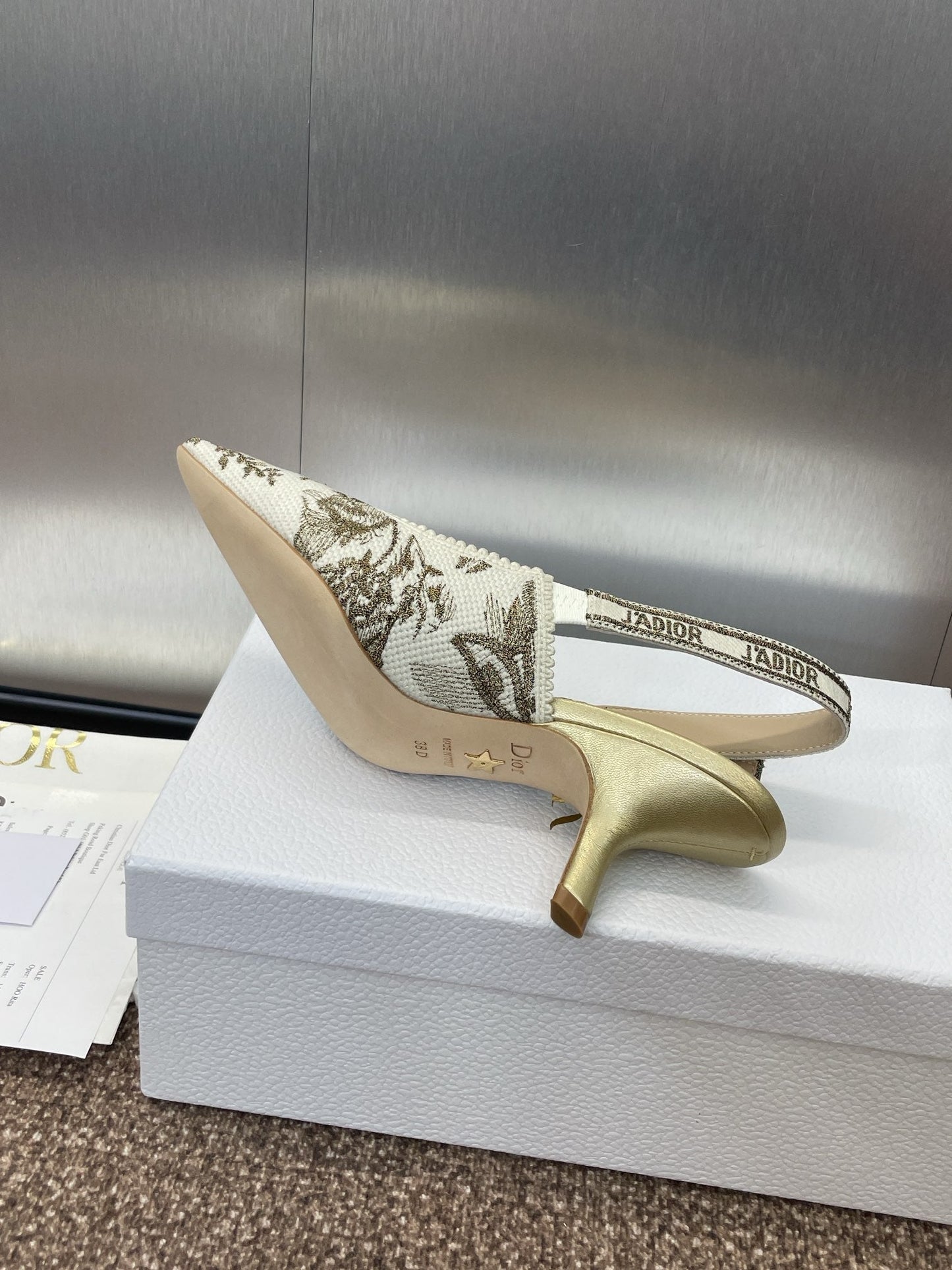 J'ADIOR HIGH SLINGBACK PUMP WHITE AND GOLD-TONE MILLEFIORI JACQUARD 65 MM