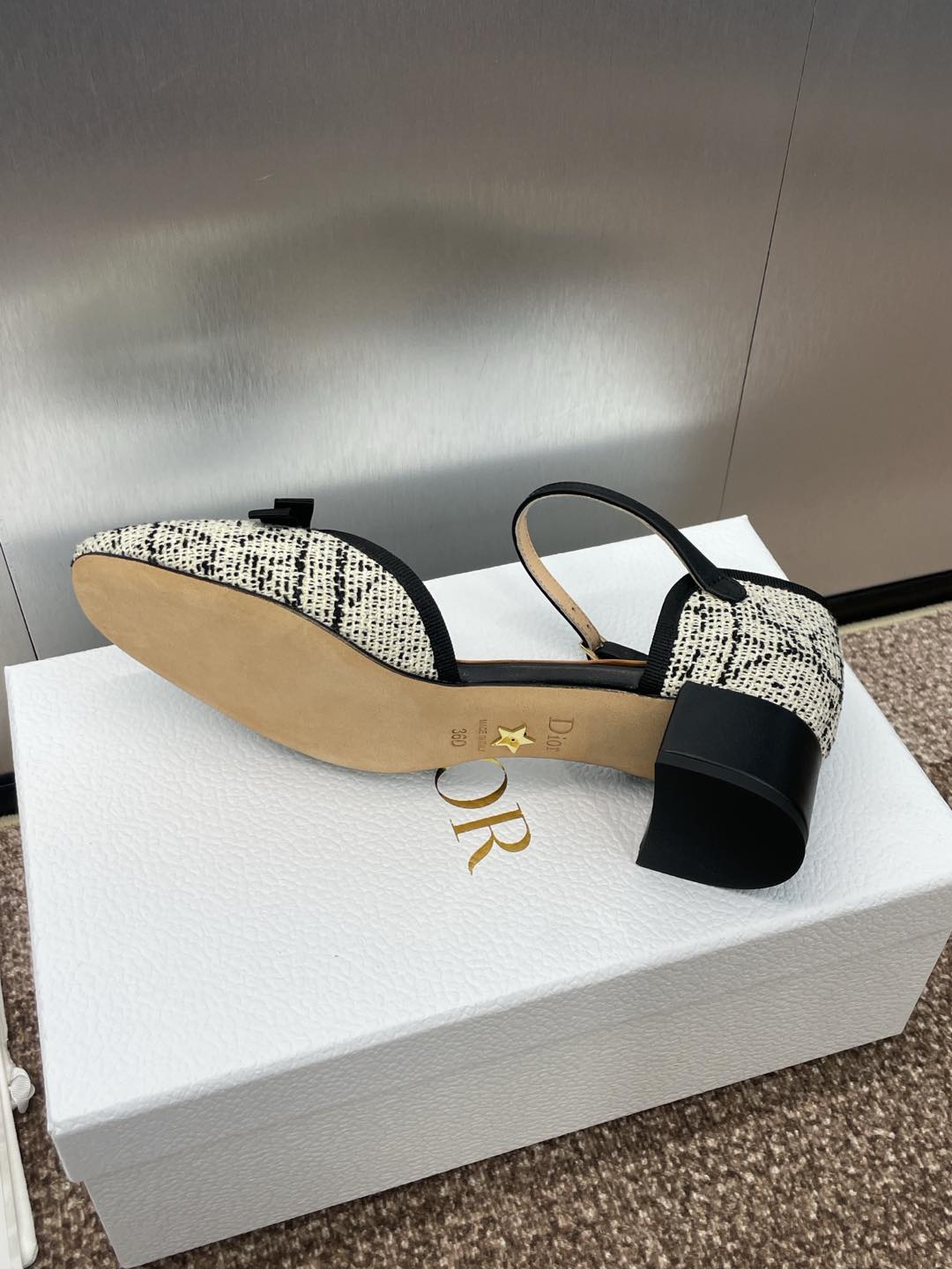 BALLET SLINGBACK PUMP IN WHITE MIX BLACK EMBROIDERED CANNAGE TWEED 35 MM