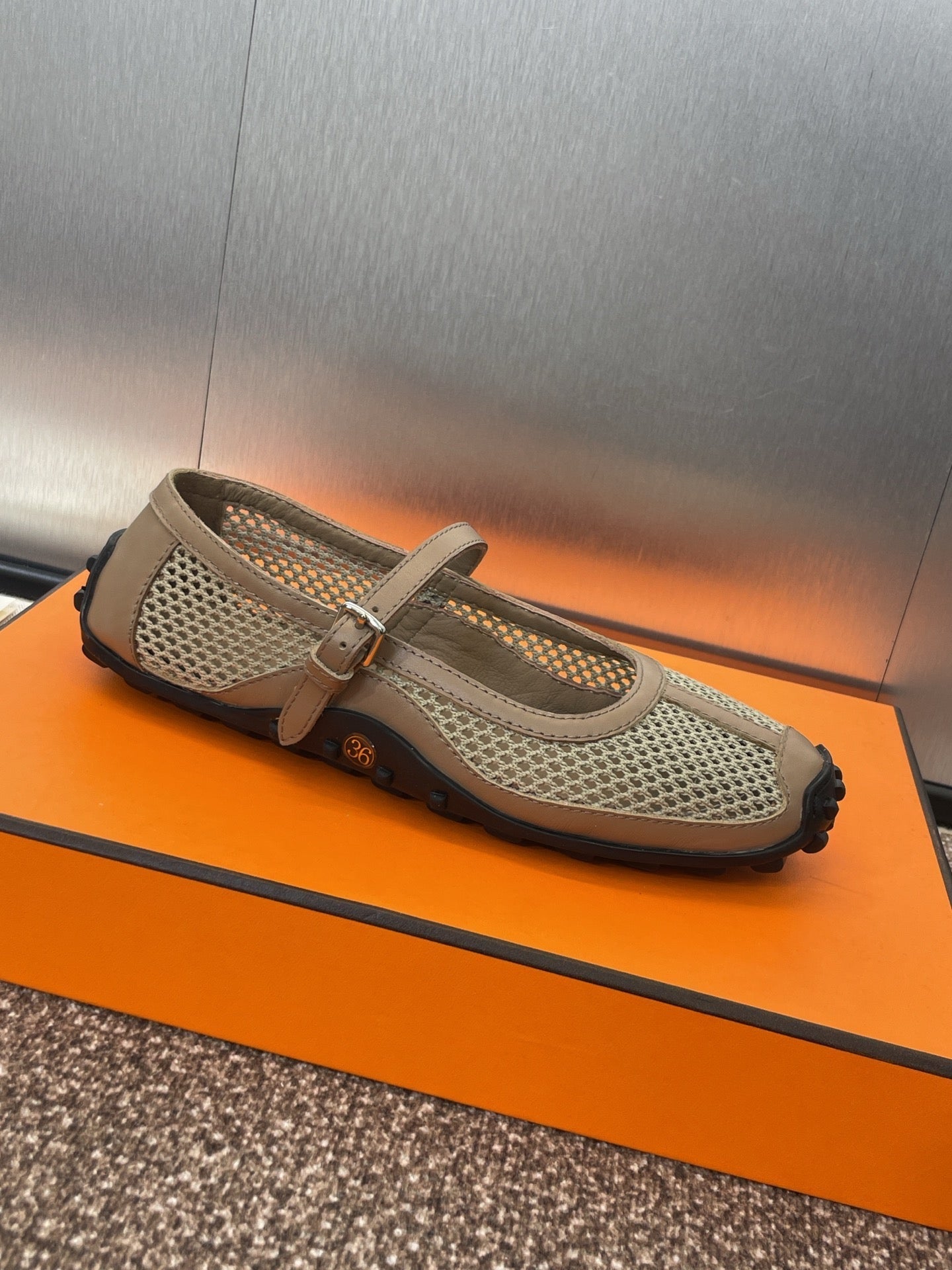 KICHU BALLET FLAT IN MOCHA BROWN CROCHET KNIT AND CALFSKIN