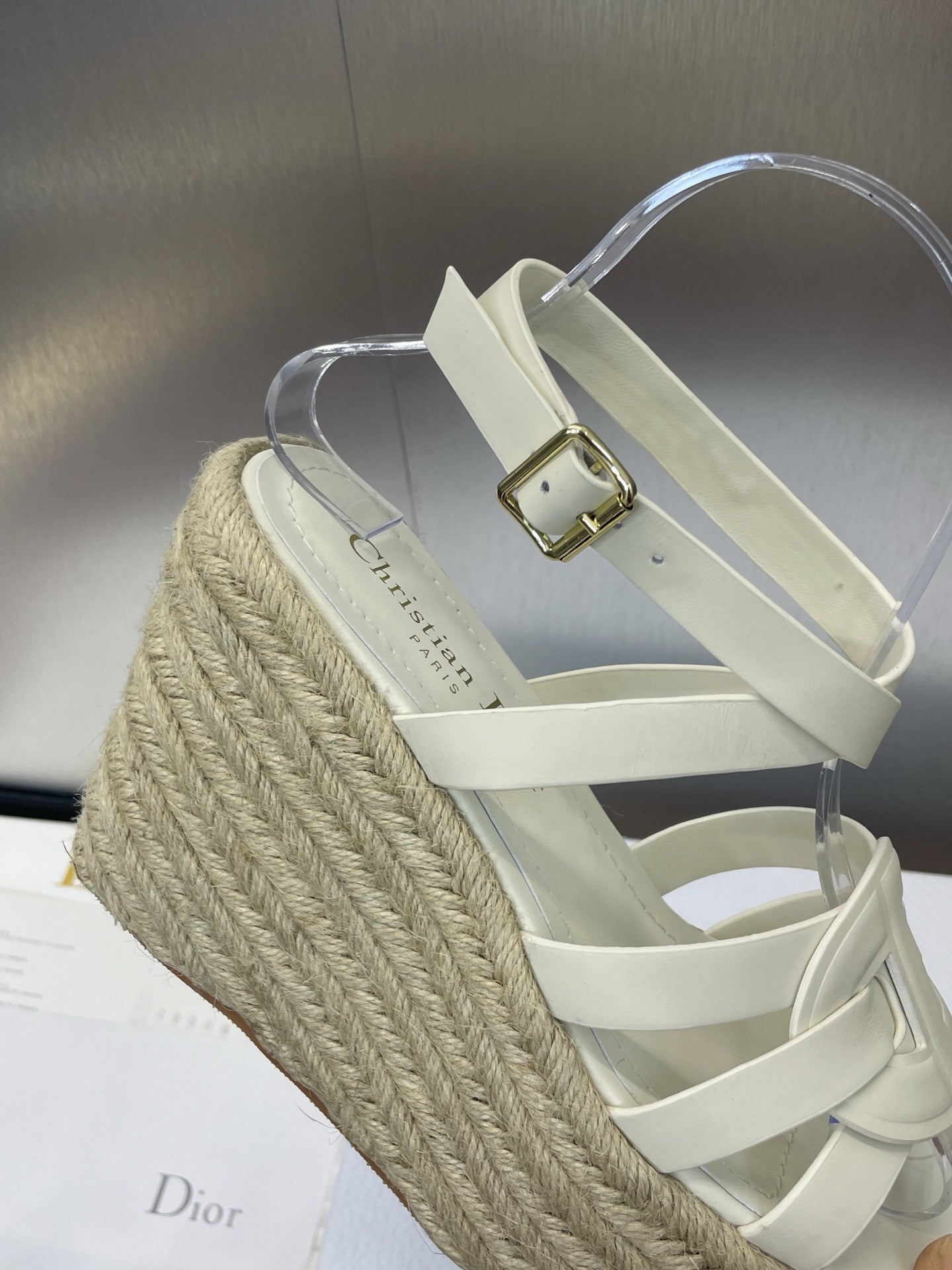 D-CLUB 25S HIGH HEEL WEDGE 100MM IN WHITE CALFSKIN RAFFIA SOLE