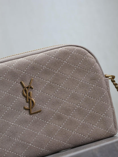 GABY ZIPPED POUCH 19 IN GRAY MATTE SUEDE GOLD HARDWARE