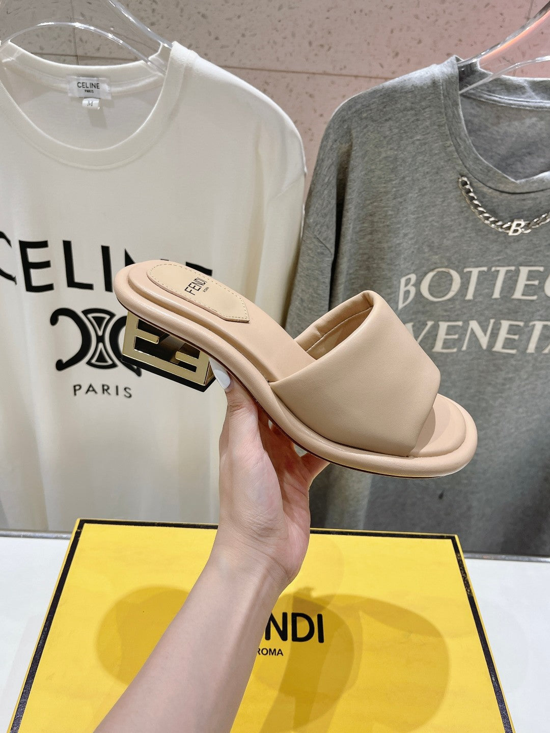 FENDI BAGUETTE MEDIUM-HEEL SANDALS 45 MM IN BISQUE BEIGE CALFSKIN
