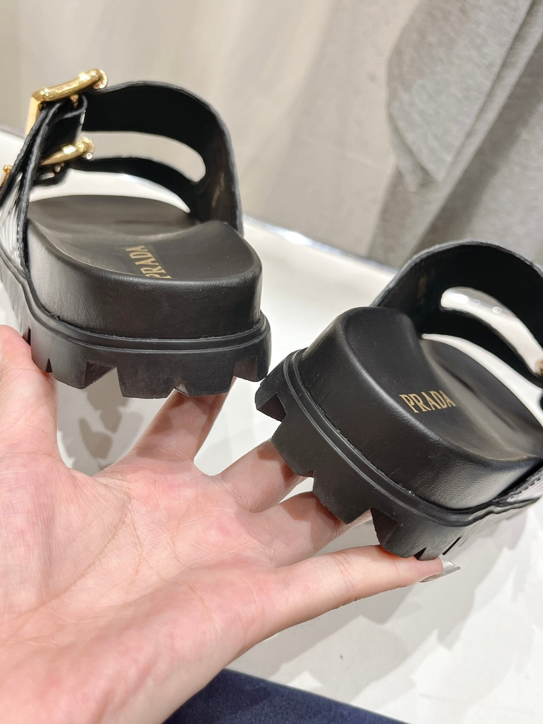 PRA CROCODILE MOTIF STRAP SLIDES SANDALS BLACK AND LAPIS CALFSKIN