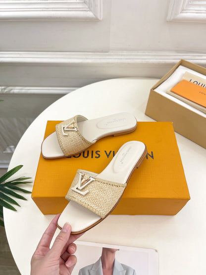 LV WOMEN CAPRI FLAT MULES IN BEIGE LEATHER AND RAFFIA