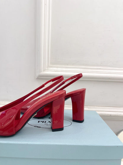SQUARE TOE SLINGBACK PUMPS IN CRIMSON RED GLOSSY CALFSKIN