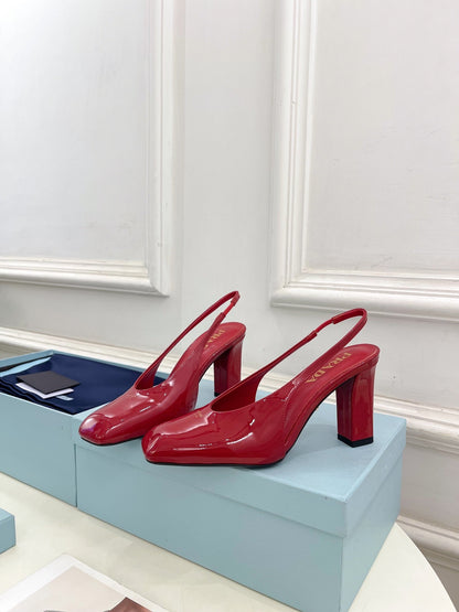 SQUARE TOE SLINGBACK PUMPS IN CRIMSON RED GLOSSY CALFSKIN