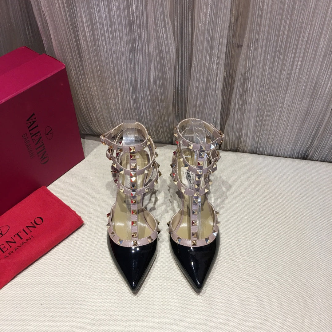 ROCKSTUD CAGED PUMP 65MM IN BLACK MIX LIGHT PINK PATENT CALFSKIN