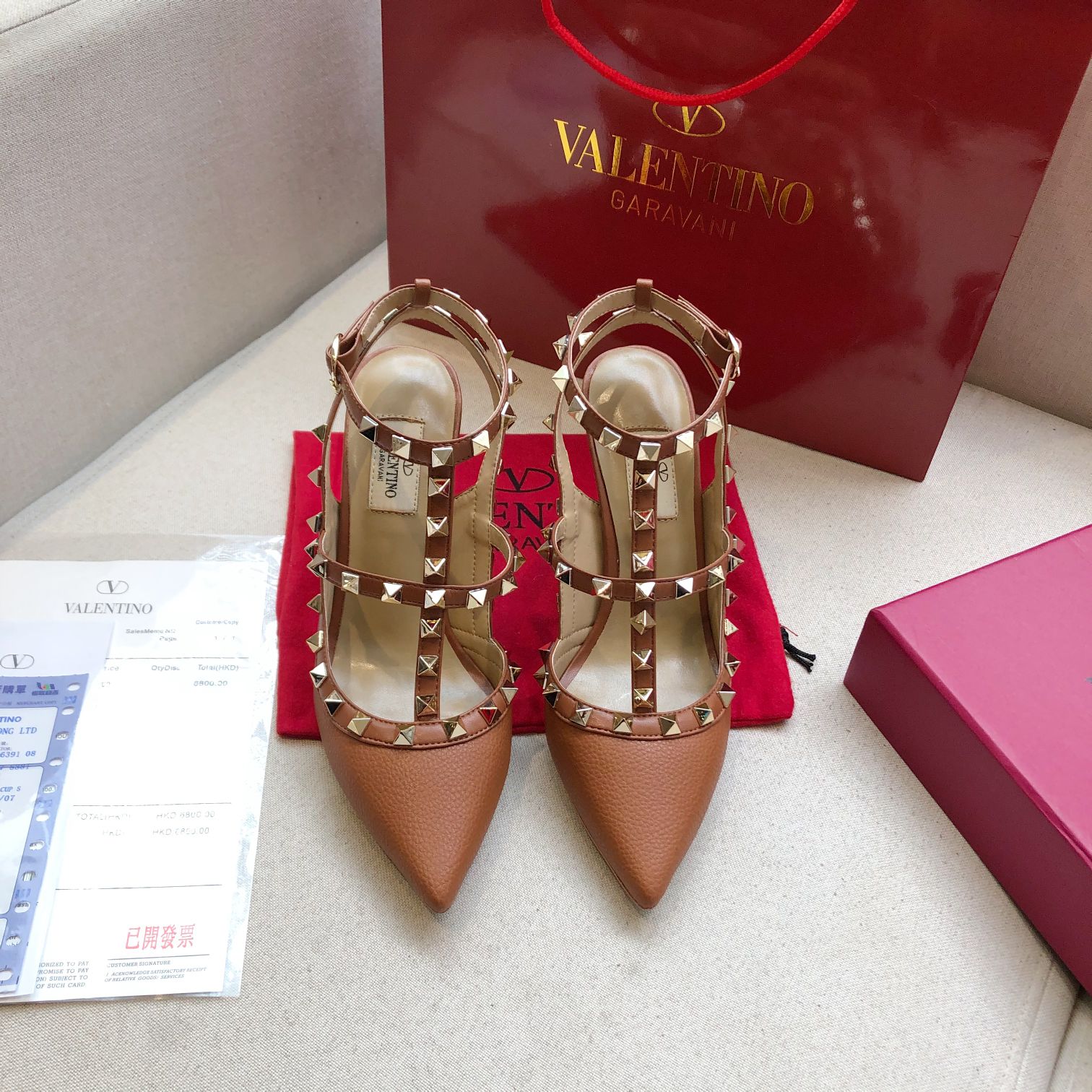 ROCKSTUD BRONZE BROWN METALLIC CALFSKIN ANKLE STRAP HIGH SANDAL