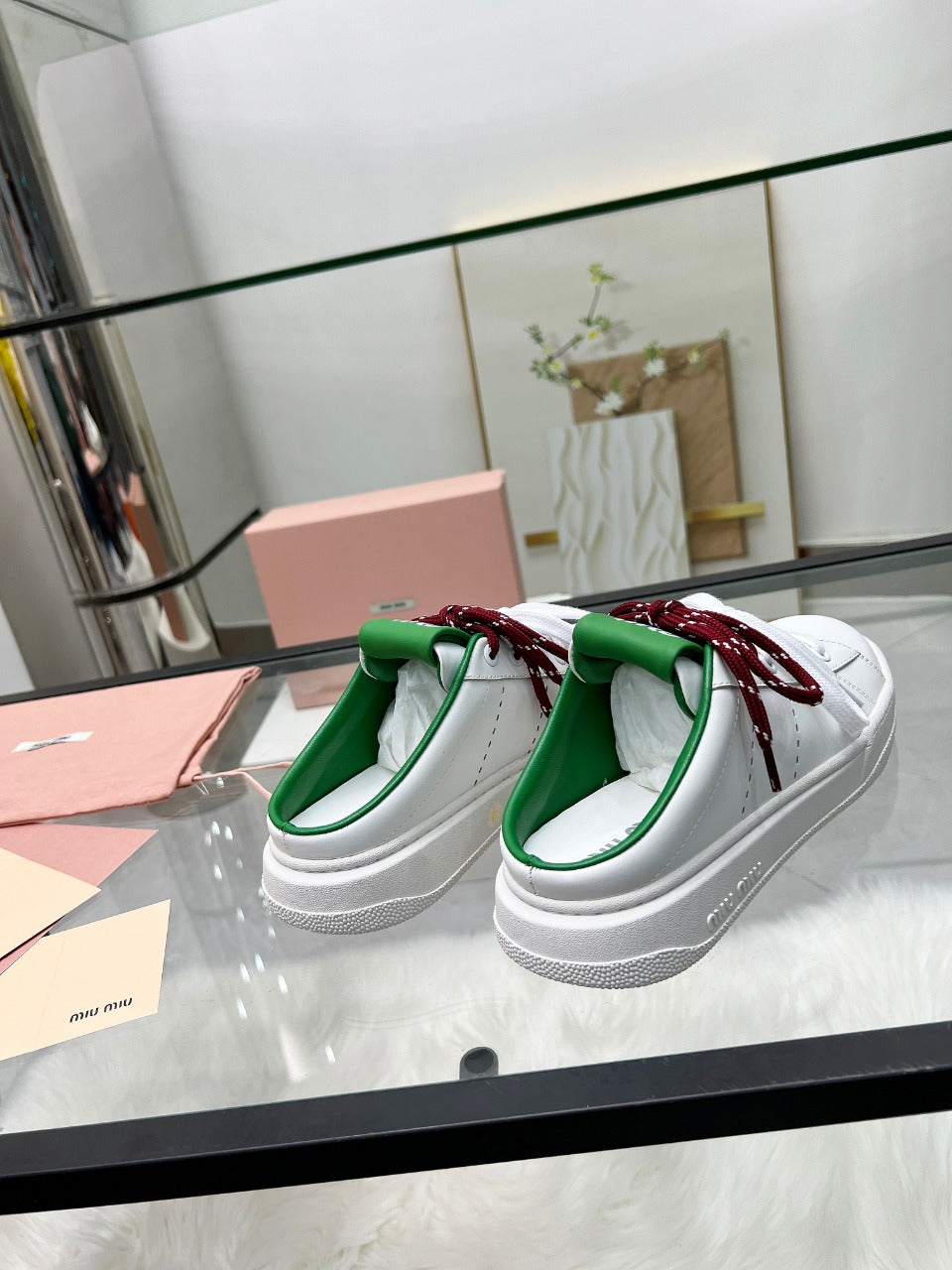 SNEAKER MULES IN WHITE MIX GREEN CALFSKIN WHITE RED LACES