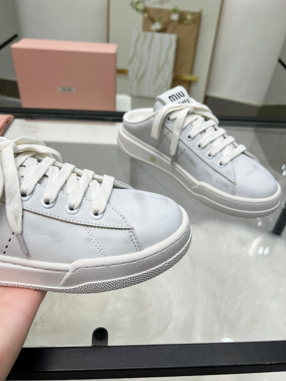 SNEAKER MULES IN WHITE BLEACHED CALFSKIN